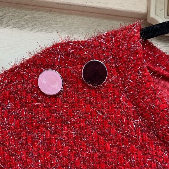 JohnPaulRichard red/silver sweater, fluffy, 2 silver buttons on each shoulder, L - Picture 7 of 9